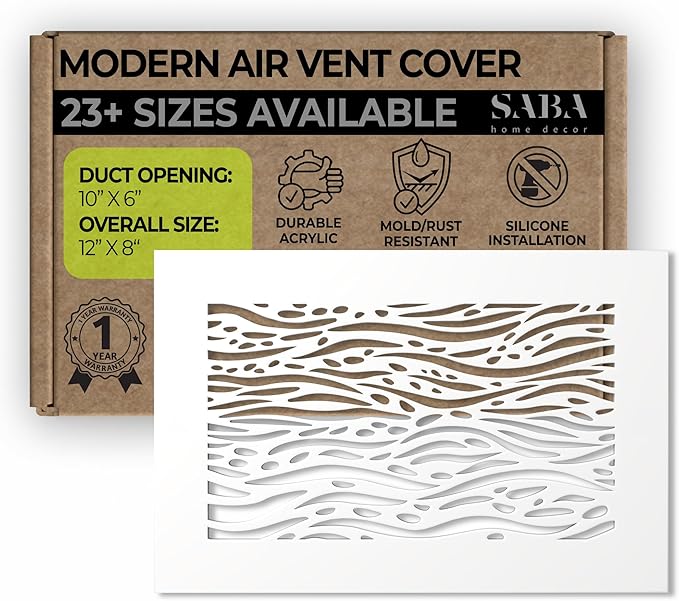 SABA Home Decor White Air Vent Cover - Acrylic Plexiglass 6 x 10 Duct Opening (8 x 12 Overall) Return Grille Decorative Covers for Walls & Ceilings NOT for Floor USE, Waves