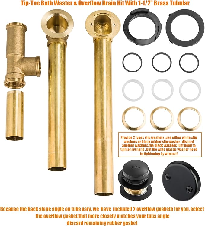 Artiwell 1-1/2" Brass Tubular Bath Drain Kit with Tip-Toe Bath Drain Stopper, Touch-Toe Tub Drain, Tip Toe Bathtub Drain Waste and Overflow with Plug and Bathtub Overflow Drain Cover, Matte Black