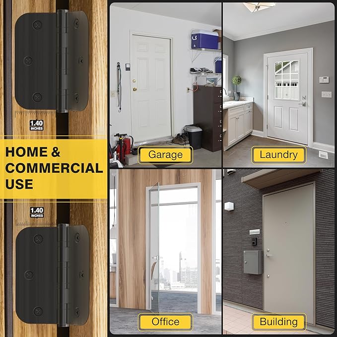 KOLET Ball Bearing Door Hinges, 3.5 Inches Black Door Hinges, 5/8'' Radius Corner Heavy Duty Stainless Steel Hinges, Smooth and Quiet, Non Removable Pin, Matte Black, 6 Pack