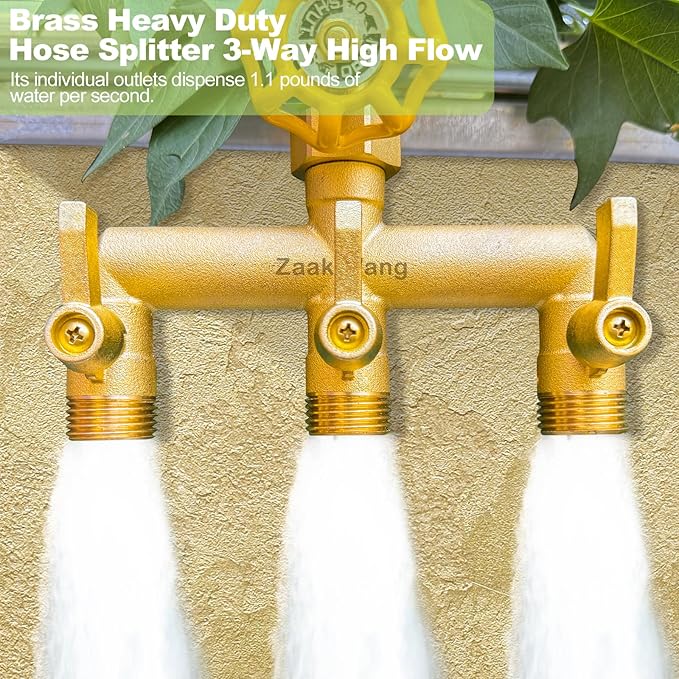 Full - Flow Brass Hose Faucet Adapter, Heavy Duty 3 - Way Garden Hose Splitter, High - Flow and Extended Metal Handle 3/4” Hose Manifold, Rust and Freeze Resistant Outdoor Faucet Switcher
