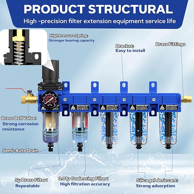 1/2'' NPT 5 Stage Air Dryer for Compressor,5&0.01 Micron Filter Cartridge Air Drying System,Double Desiccant Dryers & Air Regulator,Metal Bowl, Semi-Auto Drain,Industrial Grade-Blue