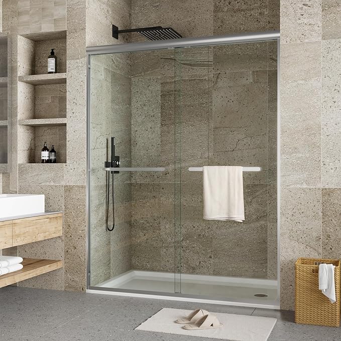 44-48 Inch Sliding Shower Door with 8mm Tempered Glass - Adjustable Width Bypass Shower Enclosure, Aluminum Alloy Square Frame & Brushed Nickel Finish for Modern Bathroom Remodel