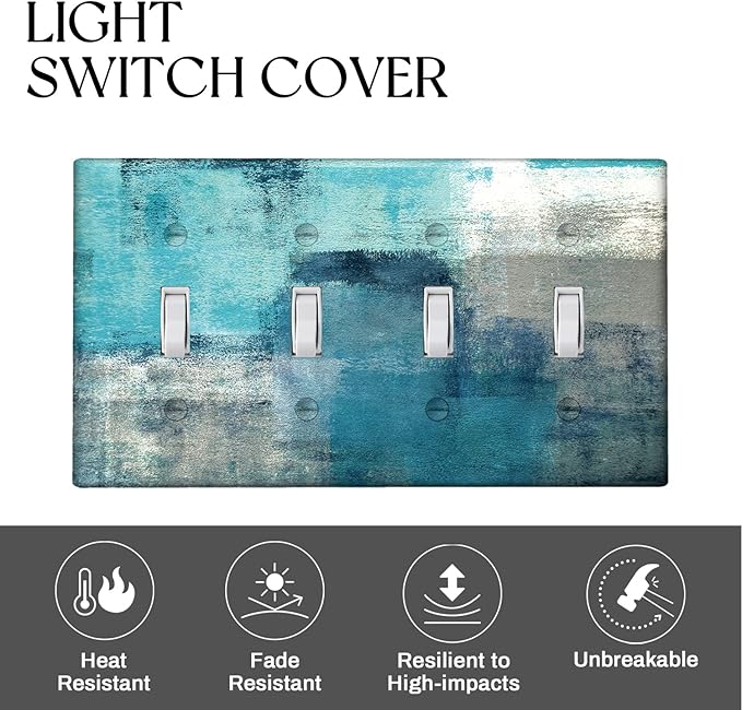 Turquoise Grey Light Switch Cover 4 Gang Toggle Decorative Wall Switch Plates Abstract Art Wallplates Outlets Cover for Kitchen Bedroom Decor