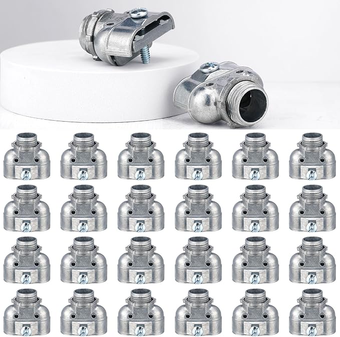 Tandefio 24 Pcs 3/8 Inch Flexible Conduit Metal Duplex Connector 90 Degree Flex Duplex Box Connector Zinc Die Cast Clamp Electrical Conduit Fittings for Protecting Cables