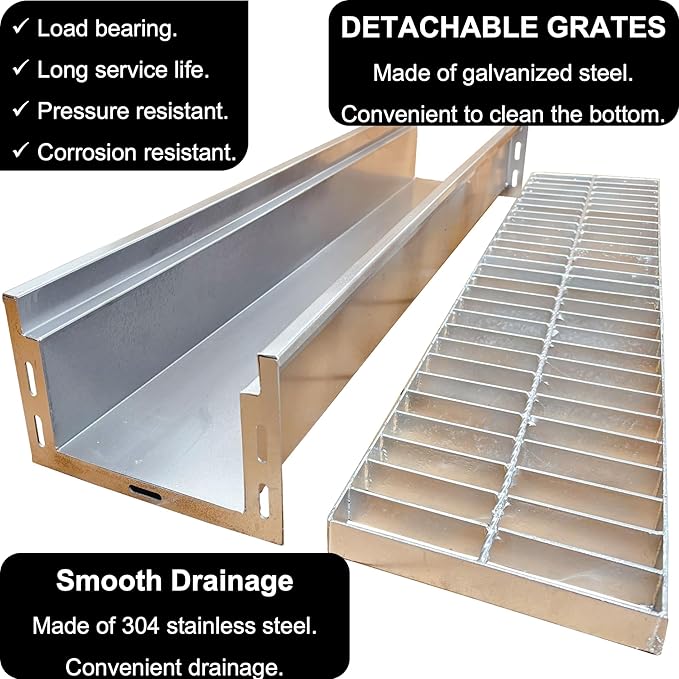 304 Stainless Steel Channel Drain with Galvanized Steel Grate 39.4x9x6 in, B-Class 28100 lbs Heavy-Duty Drain Kit for 3" Pipe, Trench Drainage System for Outdoor, Driveway, Garage, Yard