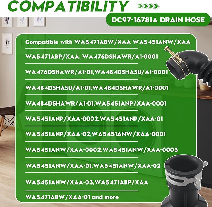 DC97-16781A Washer Drain Hose Fit for Samsung Washing Machine WA5471ABW/XAA, WA5451ANW/XAA, WA5471ABP/XAA and More, Replaces Part Number AP5325310, 2683180, and PS4221884