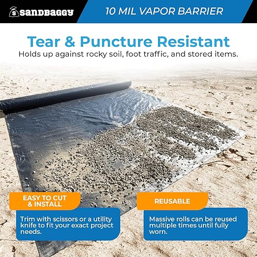 Sandbaggy 20 ft x 100 ft Vapor Barrier 10 Mil | Polyethylene | Black Plastic Sheeting Rolls | Moisture Barrier for Crawl Spaces, Concrete and Laminate Underlayment, Walls (8 Rolls)