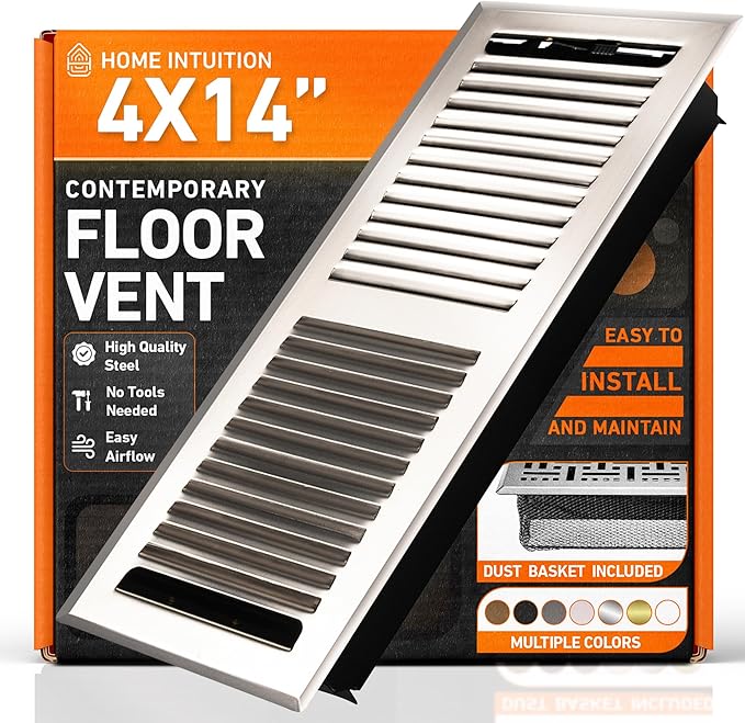 Home Intuition Contemporary Floor Vent Covers 4X14 Inch Floor Register with Mesh Cover Trap Heat and Air Walkable Metal Floor Vent for HVAC Duct, Satin Nickel