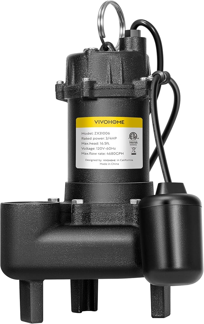 VIVOHOME 3/4 HP Submersible Cast Iron Sewage/Effluent Pump, 4680 GPH Float Switch Sump Pump with 2'' NPT Discharge for Basement, Septic Tank