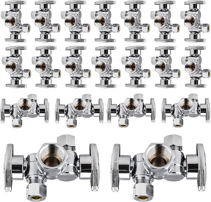 20-Pack EFIELD 1/4 Turn Dual Compression Outlet Angle Stop Valve with 2 Shut Off Valve/Handles, 1/2" Fip Iron Pipe x (3/8 inch x 3/8 inch) Chrome Plated,(VALVE140-20PCS)