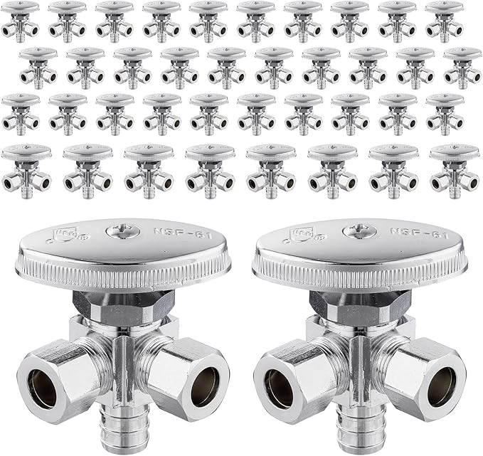 (Pack of 40) Seelink Multi-Turn Dual Outlet Angle Stop Valve, 1/2" Pex Crimp F1807 Pipe Inlet x (3/8 inch x 3/8 inch) Compression Outlets, Chrome Plated Brass