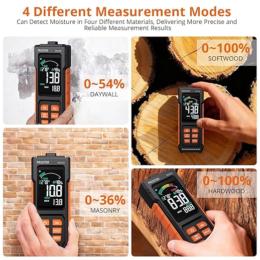 Proster Pinless Moisture Meter with Alarm - Non-Destructive Wood Moisture Tester for Walls, Flooring, Lumber | 20mm Depth, VA Color Screen, Acoustic Alert, 4 Modes (Drywall, Mortar, Hard/Softwood)