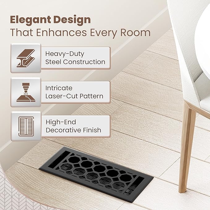 Floor Register 4x10 Vent Cover – Heavy-Duty Steel, Rustproof & Walkable Grates, Easy Drop-in Install, Adjustable Air Supply Switch - Decorative Honeycomb Design, Textured Black