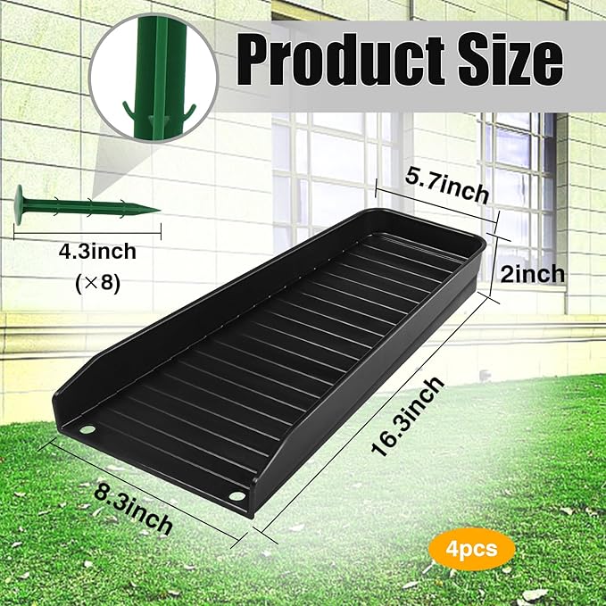 4-Pack Rain Gutter Downspout Splash Block - 16" Fixable Gutter Downspout Extension for Rainwater Drainage, Ladder Downwards Design with 8 Fixed PP Nails (Black)