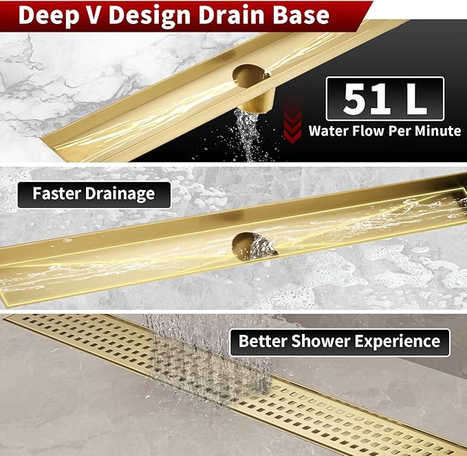 Sharp-tec 36 inch Linear Shower Drain, Gold Rectangular Floor Drain, V-Shape Design Drain Channel, 304 Stainless Steel, cUPC Certificated for Bathroom Shower Room (Drain Base is Not Included)