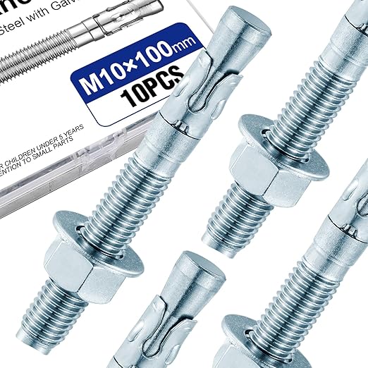 10Pcs 3/8" × 4" Concrete Anchor Bolts, Zinc Plated Carbon Steel Wedge Anchors for Cement, Brick, and Masonry