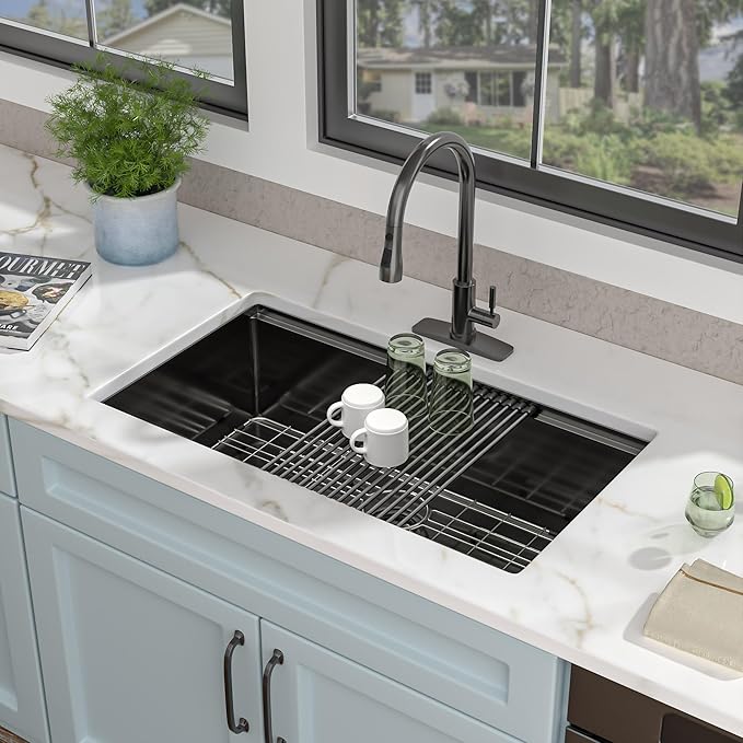 30 Undermount Kitchen Sink Black - Fulorni 30"x19" Kitchen Sink Ledge Workstation Gunmetal Black NANO-PVD 16 Gauge 304 Stainless Steel Under Counter Single Bowl Basin