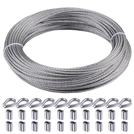1/8" wire cable, 100ft Wire Rope Metal Cable With Loop Sleeve And Steel Thimble, 7x7 marine stainless steel Strand Core Perfect For Deck Railing System, Outdoor hanging kit, garden fence (SR03)