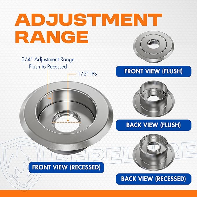 Recessed Fire Sprinkler Escutcheon 1/2 in. IPS - 2 Piece in Chrome - Depth Adjustment Range up to 3/4 in. for Fire Sprinkler Trim