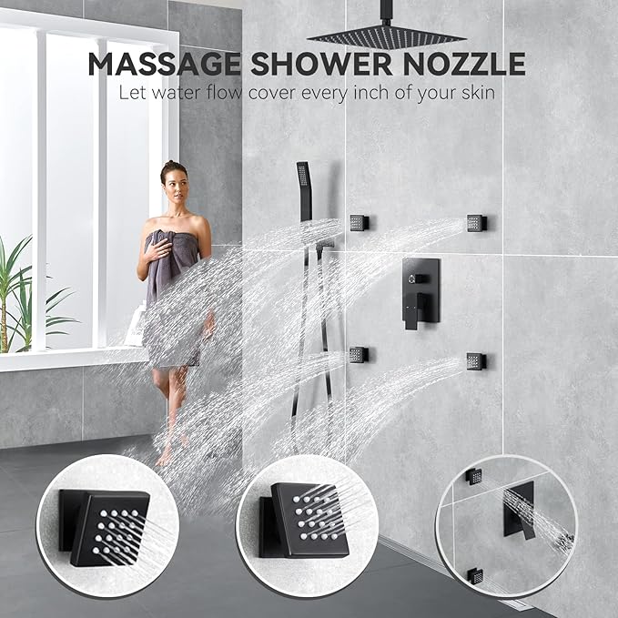 Rain Shower System With Complete 4 Pcs Body Sprays Jets And Pressured Balance Rough-in Valve,12Inch Rainfall Shower Head And Handheld, Modern Matte Black Ceiling Mount Shower Faucets Sets