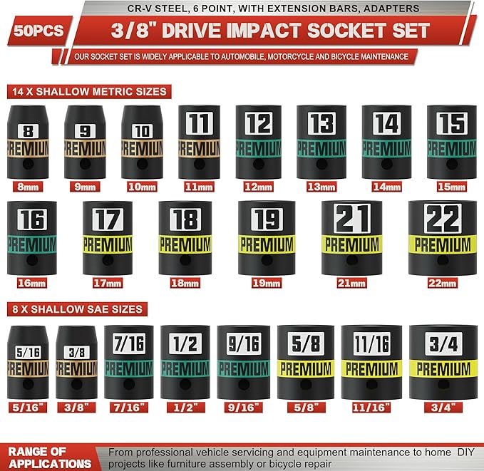 3/8" Drive Impact Socket Set, 50-Piece Standard SAE 5/16 to 3/4 inch and Metric 8-22mm, Cr-V Steel, 6 Point, with Extension Bars and Adapters, for Impact Wrenches, Automotive and Home
