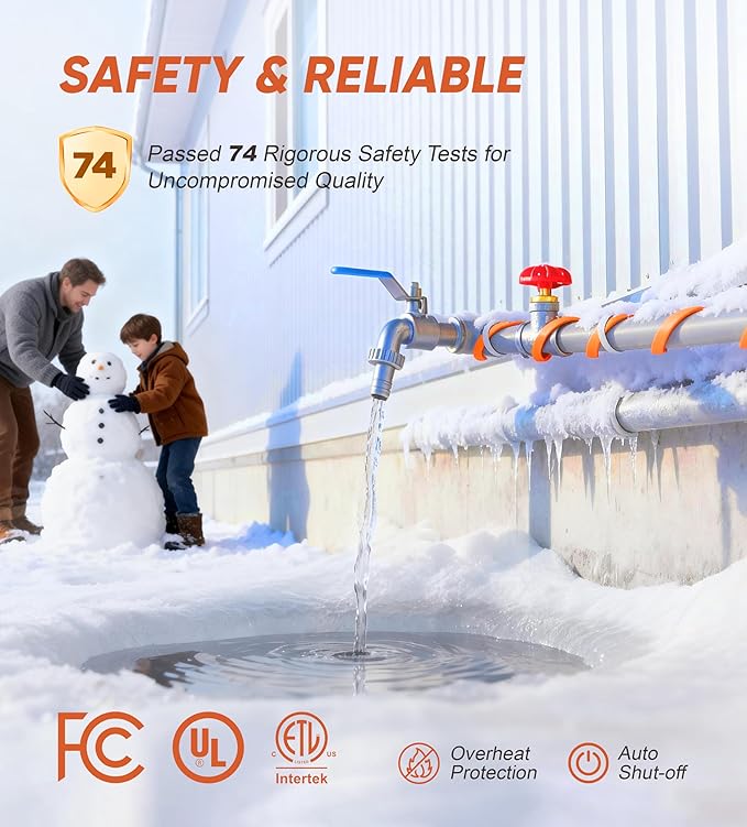 Heat Tape for Water Pipes - 30FT Heat Tape with Thermostat Self-Regulating Heat Tape Freeze Protection, ETL Listed, Keeps Water Flowing at -40°F, 120V 3W/FT