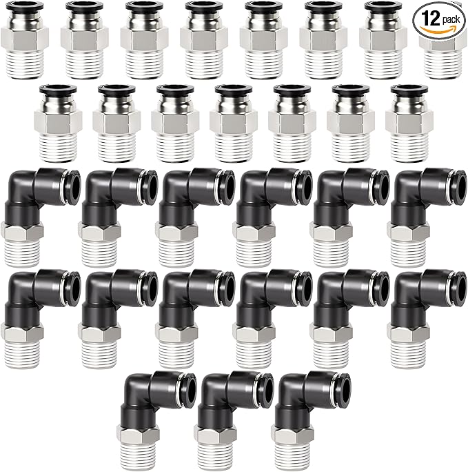 TAILONZ PNEUMATIC Elbow and Straight Combination 1/4 Inch Tube OD x 1/4 Inch NPT Thread Push to Connect Fittings PC-1/4-N2+PL-1/4-N2(Pack of 12)