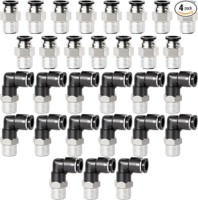 TAILONZ PNEUMATIC Elbow and Straight Combination 3/8 Inch Tube OD x 1/4 Inch NPT Thread Push to Connect Fittings PC-3/8-N2+PL-3/8-N2(Pack of 4)