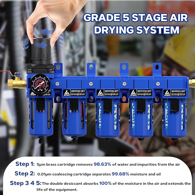 3/8'' NPT 5 Stage Air Dryer for Compressor,5 &0.01 Micron Filter Cartridge Air Drying System,Triple Desiccant Dryers & Air Regulator,Metal Bowl, Semi-Auto Drain,Industrial Grade-Blue