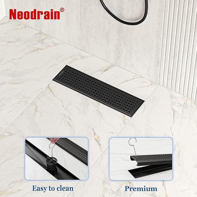 Neodrain 12-Inch Black Linear Shower Drain with Removable Quadrato Pattern Grate,Professional 304 Stainless Steel Rectangle Shower Floor Drains Manufacturer, Hair Strainer,Matte Black Linear Drain