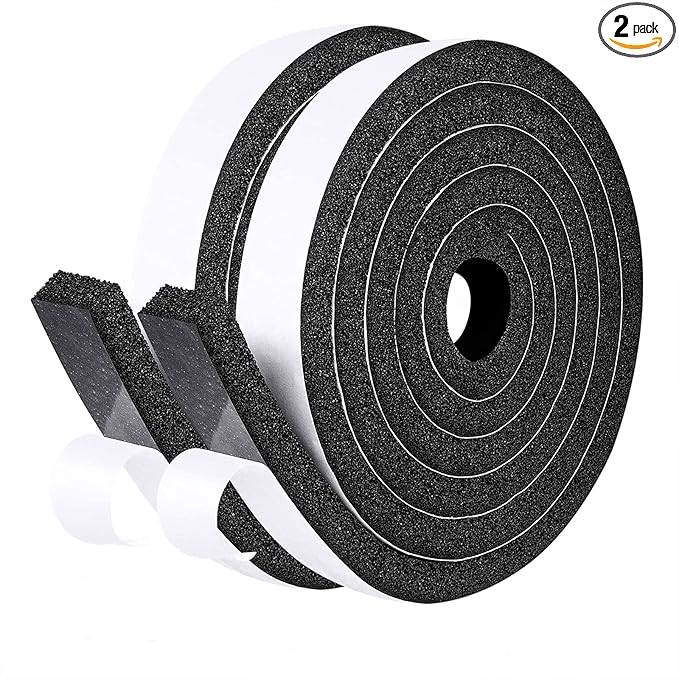 fowong Weather Stripping 1" W X 1/2" T, Open Cell Adhesive Foam Tape Maximum Compression Shock Buffer Air Conditioning Rubber Foam Strip, 2 Rolls X 6.5 Ft