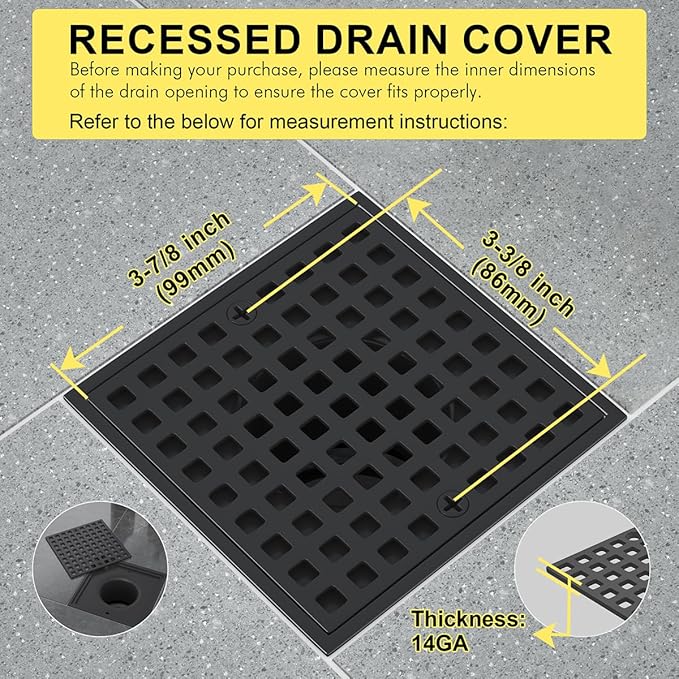 2PC 3-7/8" Matte Black Shower Drain Cover - Square Floor Drain Cover Replacement - Hair Catcher/Drain Strainer for Bathrooms, Showers, and Sinks - SUS304 Stainless Steel & CUPC Certified