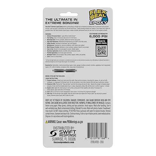 Flex Seal Epoxy, Extreme Liquid, Multi-Purpose, Durable, Permanent, Watertight, Long-Lasting Bond, for Automotive, Marine, Plumbing, Home, & Tool Repairs, Cures Black, 0.85 oz (25 mL) Syringe