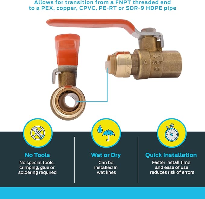 SharkBite 1/2 x 1/2 Inch Ball Valve with FNPT Connector, Push to Connect Brass Plumbing Fitting, PEX Pipe, Copper, CPVC, PE-RT, HDPE, 22182-0000LF