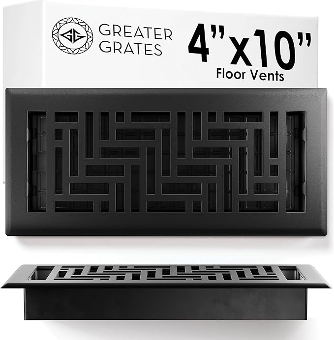 Floor Register 4x10 Vent Cover – Heavy-Duty Steel, Rustproof & Walkable Grates, Easy Drop-in Install, Adjustable Air Supply Switch - Decorative Herringbone Design, Textured Black