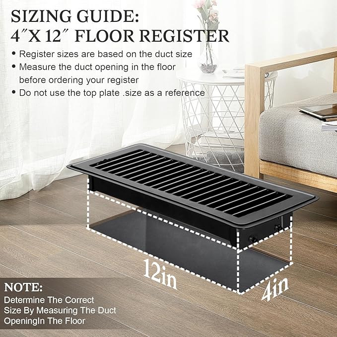 2 PCS Floor Vents Floor Registers 4x12 inch, Heavy Duty Metal Heat Air Vent Covers 4 X 12 with Rust Proof Finish for Home Office Wall Floor Registers Grilles & Vents (2, Black, 4x12 Inches)