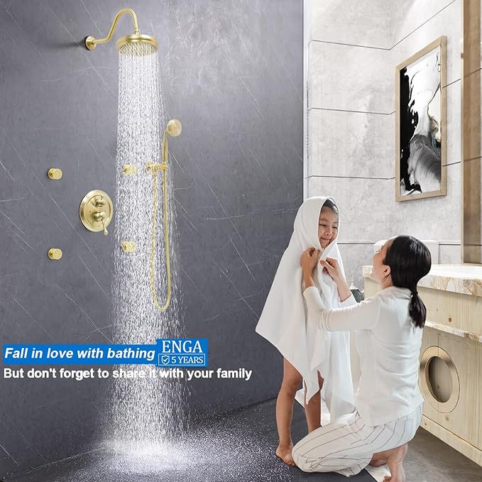 Enga Antique Shower Faucet Sets 8 inch Rainfall Head with Body Jets Handheld Spray Fixtures Combo, Brass 3 Way Diverter Rough in Valve Trim Kit, Brushed Gold