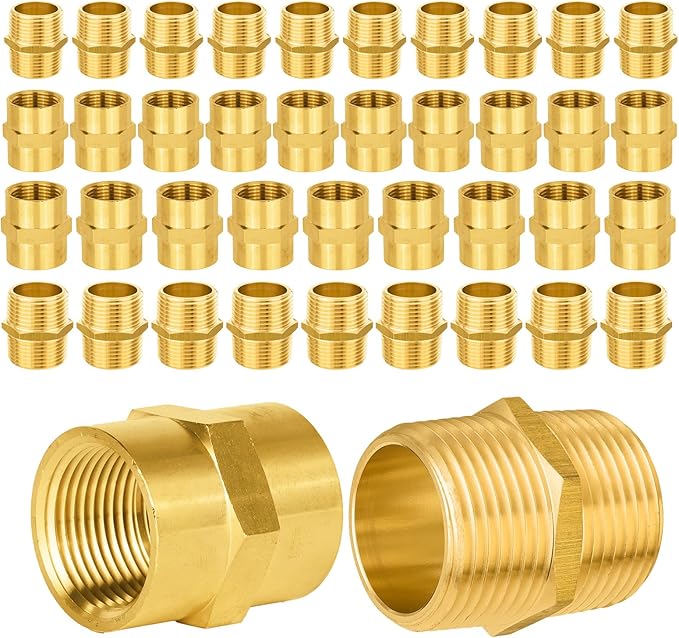 40-PCs HeSun Brass Pipe Fittings Combo, 20-PCs 1" NPT Male + 20-PCs 1" NPT Female Hex Nipple Adapter