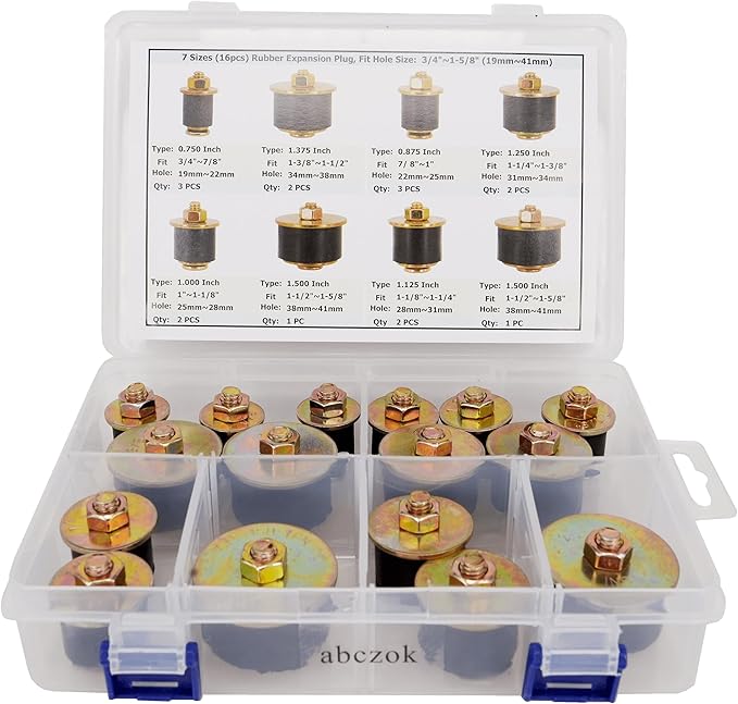 7 Sizes 16pcs Rubber Expansion Plug, Automotive Rubber Expandable Freeze Plugs Kit Fit Hole Size:3/4" 7/8" 1" 1-1/8" 1-1/4" 1-3/8" 1-1/2" (19mm~41mm)