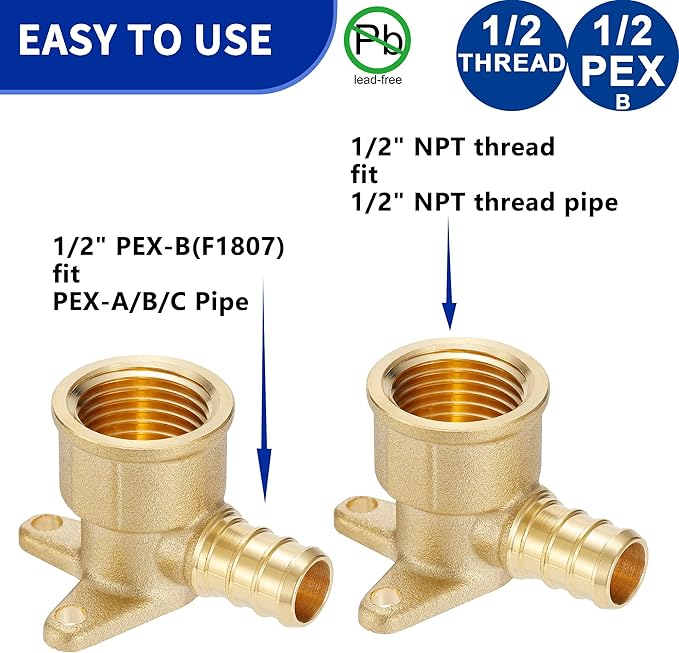(15 Pack) Lidertik 1/2 Drop Ear Elbow PEX Adapter, 1/2" PEX-B F1807 to 1/2" NPT Female Threaded Adapter Brass