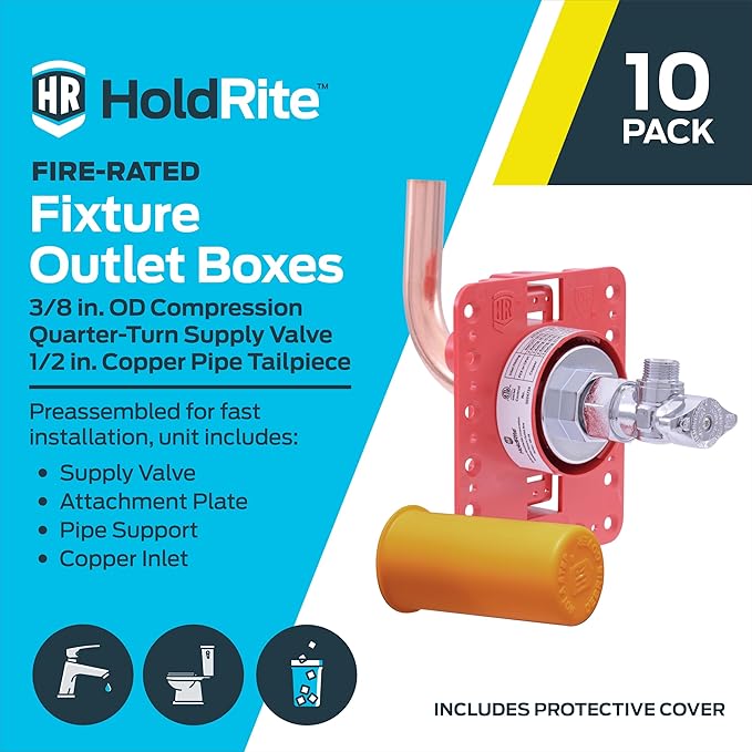 Holdrite Fixture Outlet Box with 3/8 Inch Compression Outlet, Pre-Assembled, Pack of 10, Fire Rated, 1/2 Inch Copper Tailpiece, HR-FR-M-1