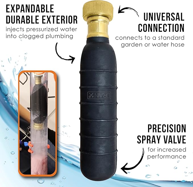 DrainX Hydro Pressure Drain Cleaning Bladder - Fits 1.5" to 3" Drain Pipes - Unclogs Stubborn Blockages in Bathroom Sinks, Shower Drains, Bathtubs, Plumbing Pipes