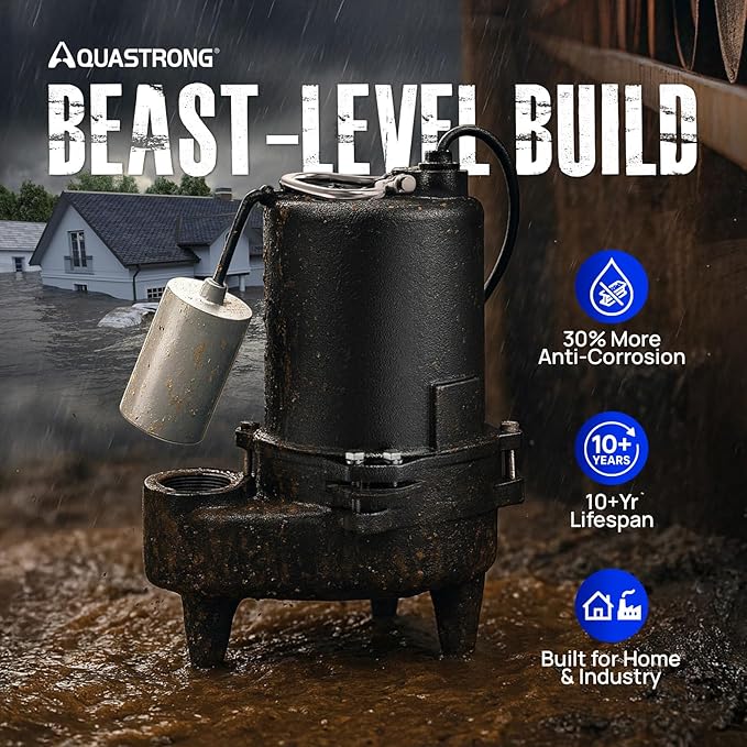 Aquastrong Cast Iron Sewage Pump 1/2HP Effluent Pump 115V 6030 GPH Sump Pump with Auto Float Switch, Ideal for Basement Sump Pits, Industrial Wastewater - Commercial-Grade Sewage System