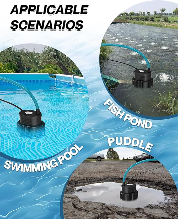 Pool Cover Pump Above Ground - Submersible Sump Pump, Swimming Water Removal Pumps, with Drainage Hose & 25 Feet Extra Long Power Cord, 850 GPH inGround, 3 Adapters Black