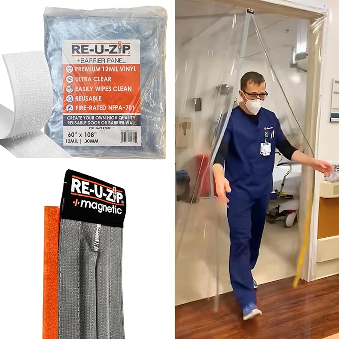 RE-U-ZIP® Heavy-Duty Ultra-Clear Magnetic Entry Strip Door Kit | Customizable 5 x 9 ft Cut-to-Size | 12 Mil FR Vinyl | Negative-Air Resistant and Reliable for Cleanrooms, Construction, Remodeling
