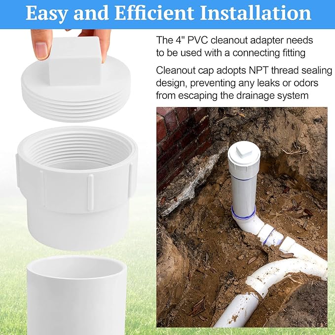 4" PVC Sewer Cleanout Adapter with Plug Pipe Fitting, PVC DWV Flush Sewer Cleanout Cap for Drainage Piping Connect System Outdoor Garden, RV Sewer and More