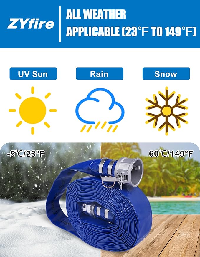 ZYfire Backwash Hose - 2" x 50 FT PVC Lay Flat Discharge Hose with Aluminum Camlock C & E Fittings Heavy Duty Reinforced Pump Discharge Hose Weather and Burst Resistant for Pool Drain, Sump Pump