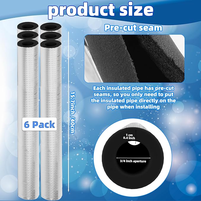 6 Pack Pipe Insulation Foam Tube, 3/4'' Self-Adhesive Pre Slit Foam Pipe Covers Polyethylene with Aluminum Foil for Spigot, Winter Outside Pipes, Water Heater Pipes Freeze Protection