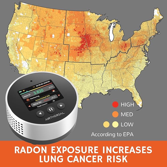 Airthereal Portable Radon Detector for Home – 504-Day Data Storage for Long Term Monitoring, LCD Color Display, Fast 6H Results, Long Battery Life, Audible & Visual Alarm - Upgraded 2025 Version