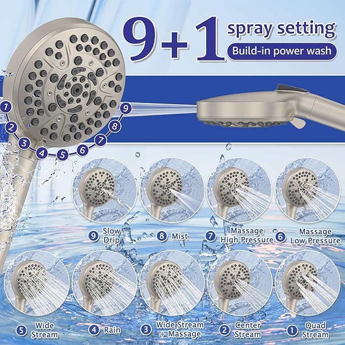 Iriber Brushed Nickel Round Rain Shower System Faucet Set，Bathroom Filtered Shower Head with Handheld, 9 Spray Mode Showerhead with Filters,Shower Valve Trim Kit Contain Cartridge,10 Inch